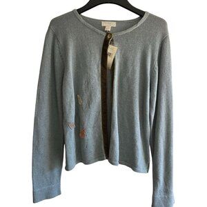 Northern Isles M Linen Cardigan Single Button Leaf Embroider Cottage Deadstock